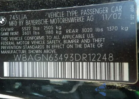 2003 BMW 745Li z USA, uszkodzony, nr VIN WBAGN63493DR12248